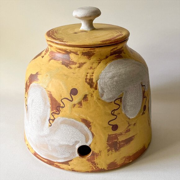 Handmade Art Pottery Ceramic Water Dispenser Crock White Floral on Yellow Signed - Picture 16 of 16